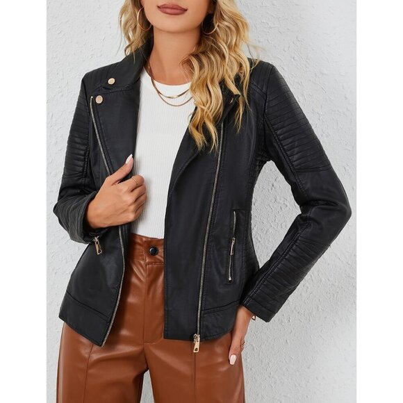 Women Black Faux Leather Casual Jacket Moto Biker Short Coat - Picture 2 of 9